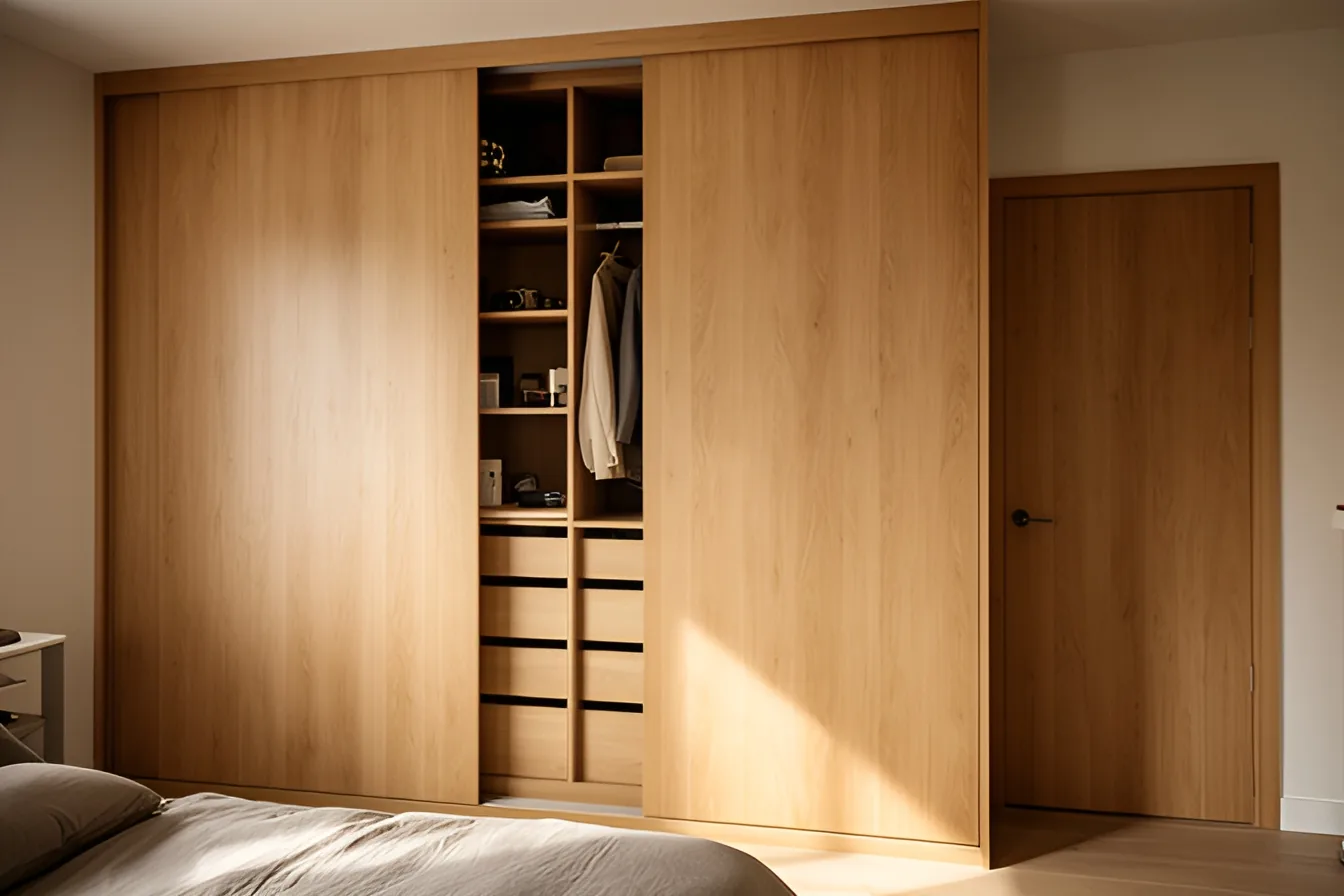 Chambre avec un placard à portes coulissantes en mélaminé chêne, une porte ouverte sur les étagères et la penderie, porte intérieure en chêne