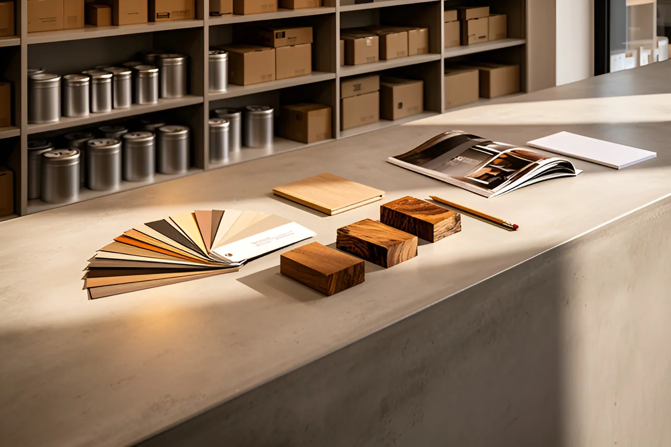 Comptoir conseil : éventail d'échantillons de décors, cubes de bois et catalogue ouvert devant les rayonnages