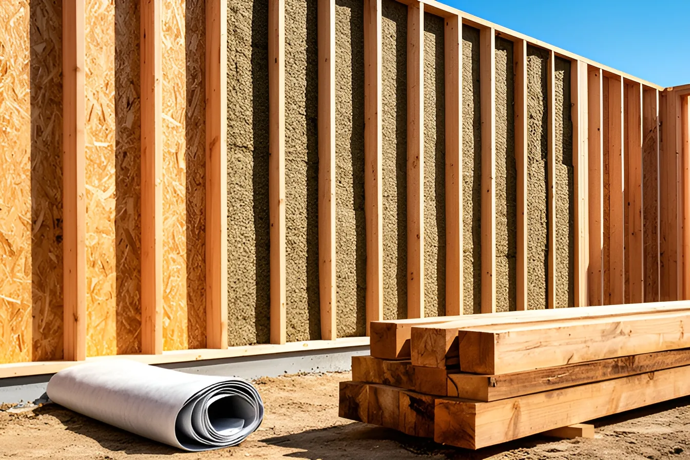 Mur à ossature bois en construction : montants, panneaux isolants en fibre de bois, voile d'OSB et rouleau de membrane