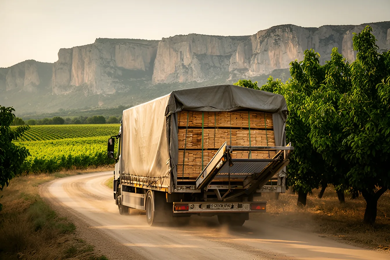 Camion bâché avec hayon chargé de panneaux sur une route de la Drôme entre vignes et falaises