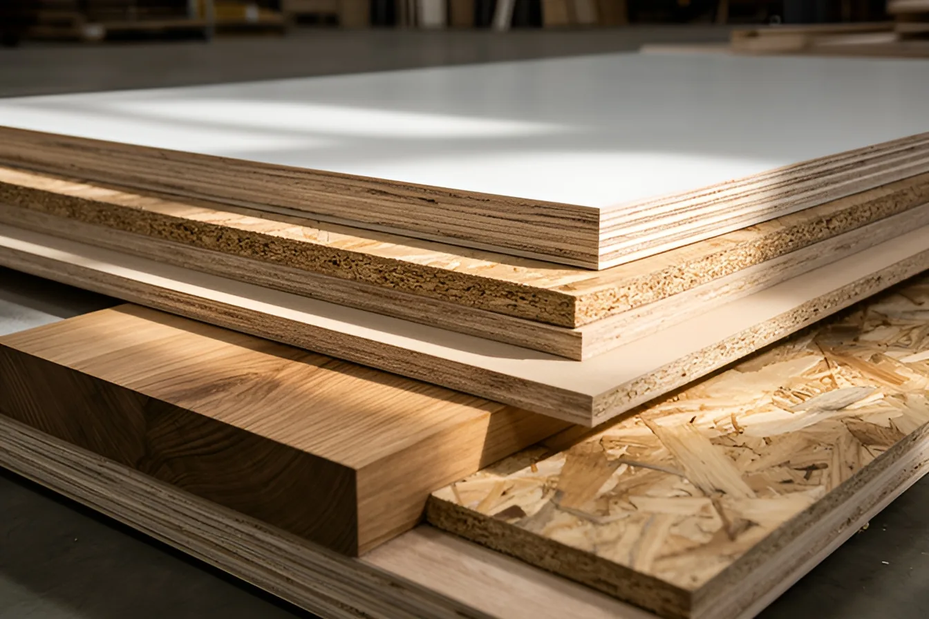 Pile de panneaux vus sur le chant : contreplaqué, MDF, aggloméré, OSB, panneau massif et mélaminé blanc