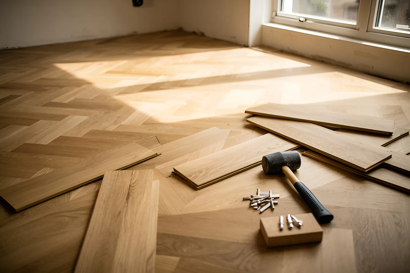 Parquet en chêne en cours de pose, avec maillet, cale de frappe et lames en attente