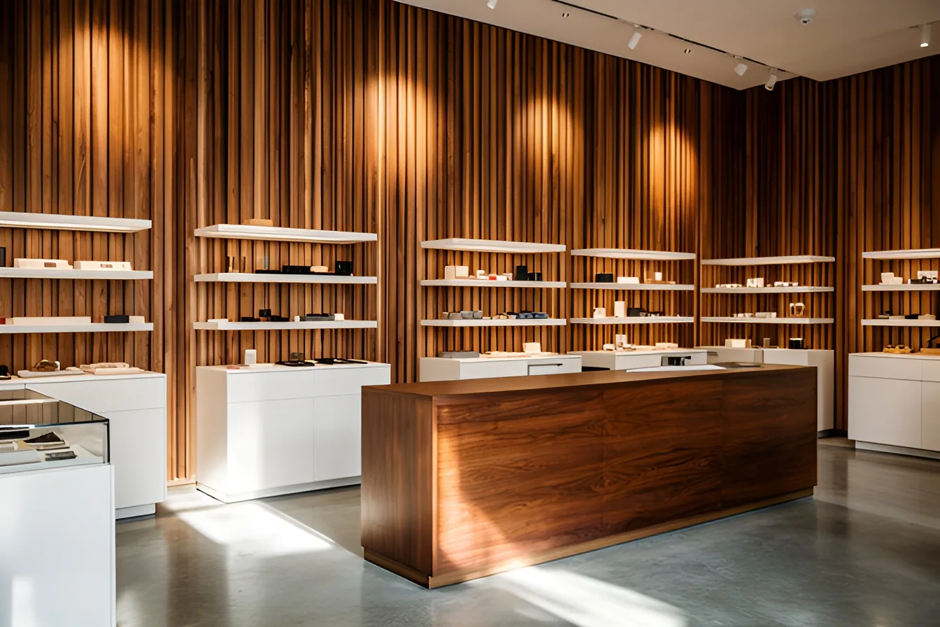 Boutique avec murs en tasseaux de chêne, étagères en stratifié blanc et comptoir en bois