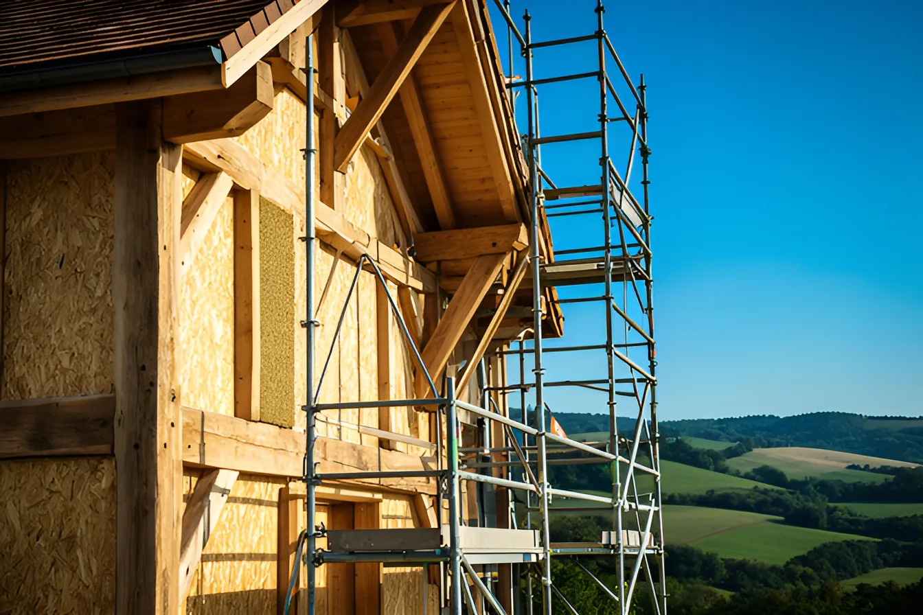 Maison à ossature bois en construction avec voile OSB, isolant en fibre de bois et échafaudage