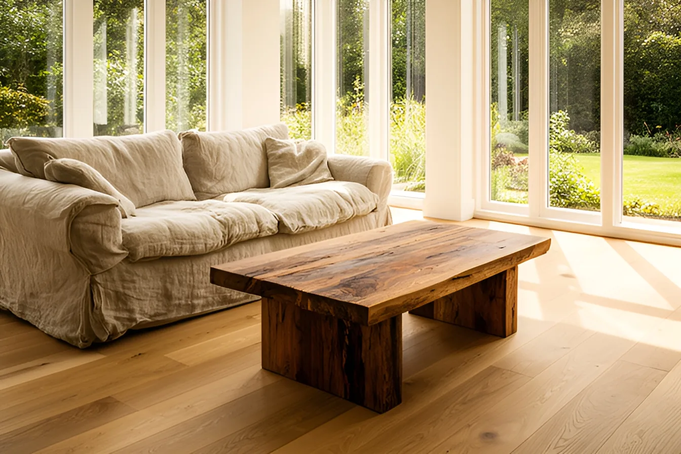 Salon avec parquet contrecollé chêne huilé en lames larges, canapé en lin et baies vitrées sur un jardin