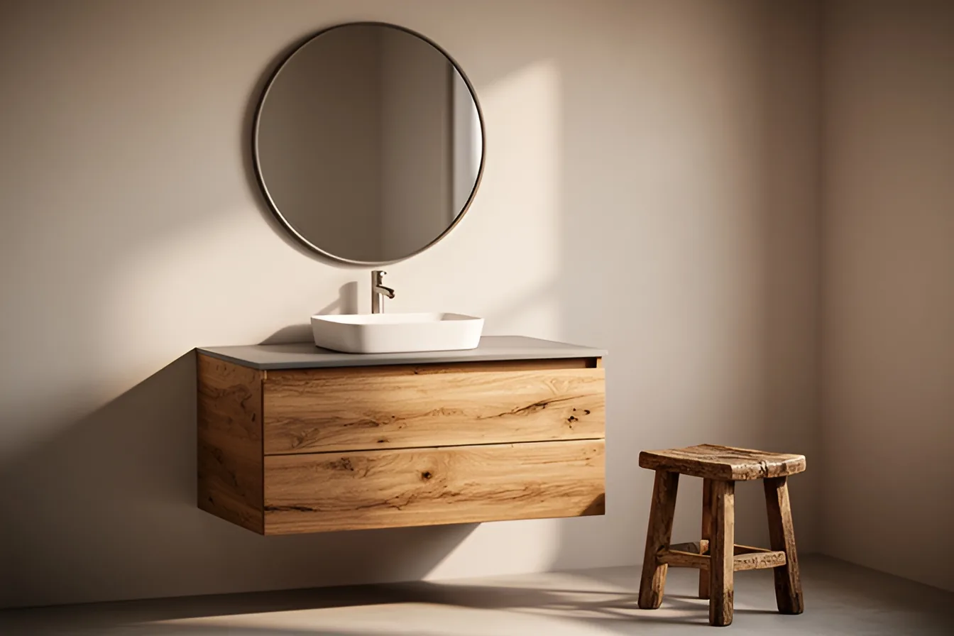 Meuble vasque suspendu en chêne massif avec plan compact gris, miroir rond et tabouret en bois