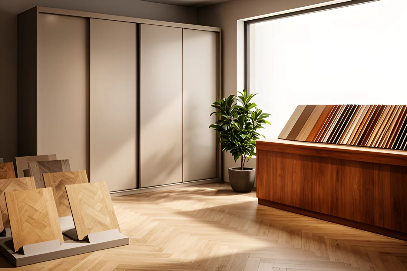 Showroom : présentoirs de parquet, placard à portes coulissantes et éventail d'échantillons de décors sur le comptoir