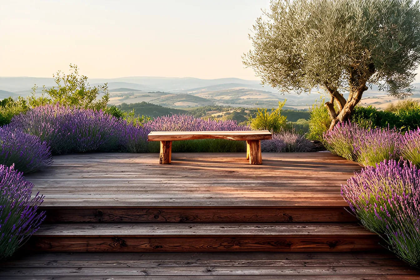 Terrasse en lames de mélèze avec deux marches et un banc, lavandes et olivier, collines en fond