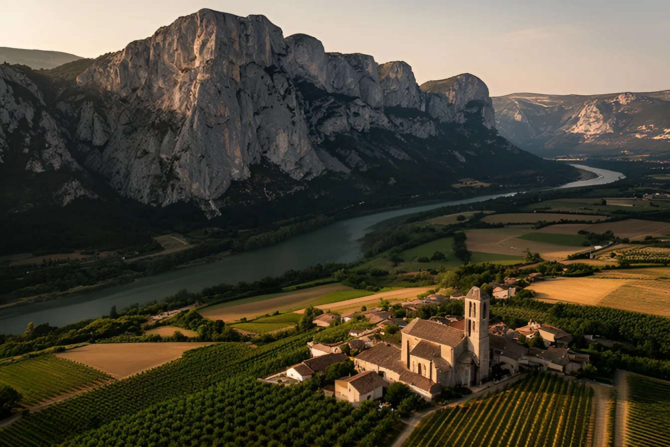 Paysage de la Drôme vu du ciel : falaises du Vercors, rivière, noyeraies, vignes et village au clocher carré